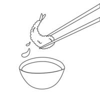 tempura in de eetstokjes en soja saus. vector tekenfilm vlak tekening illustratie geïsoleerd Aan wit achtergrond.