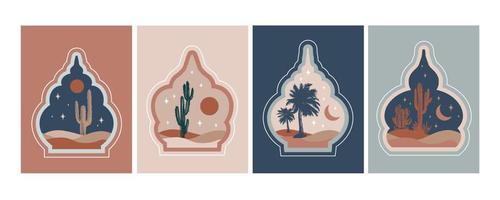verzameling van oosters stijl Islamitisch ramen, palm bomen, cactus en woestijn vector