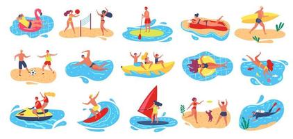 strand activiteiten. actief Mens en vrouw surfen, het windsurfen, zwemmen, scuba duiken. zomer vakantie buitenshuis water sport werkzaamheid vector reeks