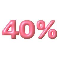 uitverkoop 3d icoon. roze glanzend 40 procent korting vector teken. 3d vector realistisch ontwerp element.