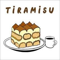 stuk van tiramisu taart - tiramisu, een Italiaans gelaagde toetje van savoiardi koekjes met mascarpone room, versierd met cacao poeder. traditioneel Italiaans toetje vector