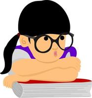 een schattig weinig meisje in bril pruilen en leunend Aan een boek met haar handen gevouwen vector
