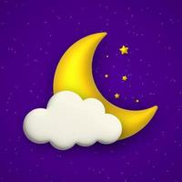 schattig nacht achtergrond met blauw lucht, wolk, sterren en gouden maan. vector illustratie.