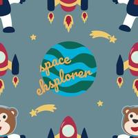 vector naadloos patroon met schattig weinig dier astronaut, raket en sterren. creatief vector achtergrond voor kleding stof, textiel, kinderkamer behang, poster, brochure vector illustratie achtergrond