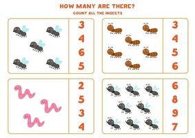 tellen spel met schattige insecten. wiskunde werkblad. vector