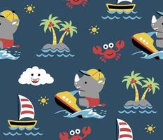 vector naadloos patroon van tekenfilm neushoorn Speel Jet ski, strand vakantie elementen