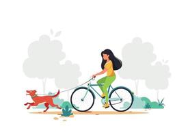 vrouw rijden fiets met hond in park. gezonde levensstijl, concept voor buitenactiviteiten. vector illustratie. afdrukken