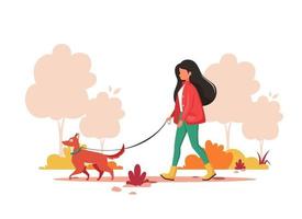 vrouw wandelen met hond in de herfst. outdoor activiteit concept. vector illustratie.