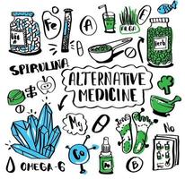 alternatieve geneeskunde doodle set. schetscollectie voeding en biologisch actieve toevoegingen. homeopathie en vitamines, supervoeding, acupunctuur en diëten. hand getrokken medische behandelingselementen. vector