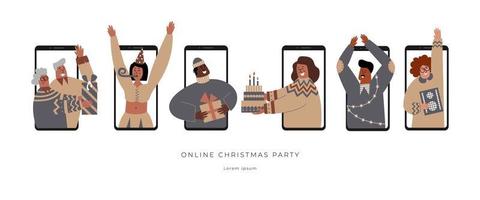 veilige online kerstfeestviering. familie en vrienden virtuele bijeenkomst. een verscheidenheid aan karakters tijdens een videogesprek op afstand. digitale technologieën en internet verbinden mensen tijdens isolatie. vector