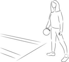 bowling vrouw, vector. hand- getrokken schetsen. vector