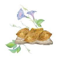 waterverf hand- getrokken traditioneel Japans snoepgoed. keramisch gerecht, zomer taiyaki, bloemen, voorwerpen. geïsoleerd Aan wit achtergrond. ontwerp voor uitnodigingen, restaurant menu, groet kaarten, afdrukken, textiel vector