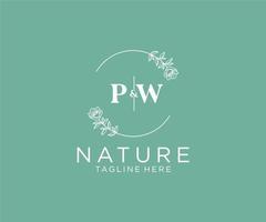 eerste pw brieven botanisch vrouwelijk logo sjabloon bloemen, bewerkbare premade monoline logo geschikt, luxe vrouwelijk bruiloft branding, zakelijk. vector