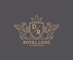 eerste dr brief leeuw Koninklijk luxe heraldisch, wapen logo sjabloon in vector kunst voor restaurant, royalty, boetiek, cafe, hotel, heraldisch, sieraden, mode en andere vector illustratie.