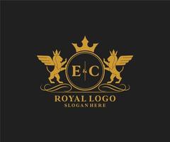 eerste ec brief leeuw Koninklijk luxe heraldisch, wapen logo sjabloon in vector kunst voor restaurant, royalty, boetiek, cafe, hotel, heraldisch, sieraden, mode en andere vector illustratie.