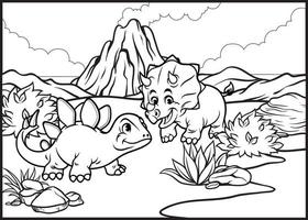 kleur bladzijde van tekenfilm triceratops en stegosauriërs vector