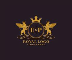 eerste ep brief leeuw Koninklijk luxe heraldisch, wapen logo sjabloon in vector kunst voor restaurant, royalty, boetiek, cafe, hotel, heraldisch, sieraden, mode en andere vector illustratie.