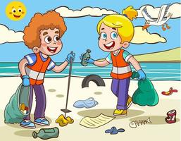 kinderen schoonmaak de milieu van vuilnis tekenfilm vector