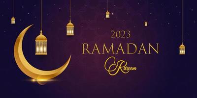 Ramadan kareem in goud 3d concept banier Aan donker achtergrond met mooi arabesk patroon. vector illustratie. hangende gouden Arabisch traditioneel lantaarns en sterren.