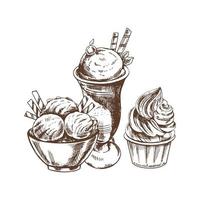 een hand getekend schetsen van ijs room ballen in een beker, bevroor yoghurt. wijnoogst illustratie. element voor de ontwerp van etiketten, verpakking en ansichtkaarten. vector