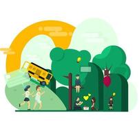 school- bus en studenten in de park. vlak stijl vector illustratie.