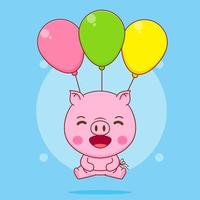 schattig varken vliegend met ballon karakter tekenfilm illustratie vector