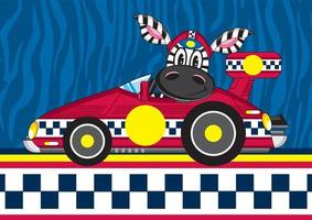 schattig tekenfilm zebra racing bestuurder in sport- auto vector