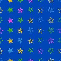 naadloos achtergrond van tekening sterren. veelkleurig hand- getrokken sterren Aan blauw achtergrond. vector illustratie