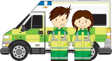 schattig tekenfilm Brits paramedici met ambulance vector