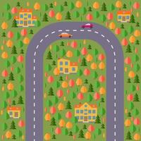 plan van dorp. landschap met de weg, Woud, twee auto's en huizen. vector illustratie