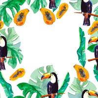 tropisch patroon kader voor decor met monstera bladeren, tucano's, papaja waterverf vector