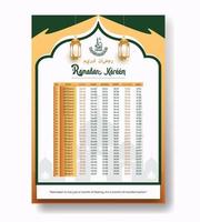 Ramadan kalender 2023 met gebed keer in Ramadan. Ramadan schema - vasten, iftar, en gebed rooster. Islamitisch achtergrond ontwerp met moskee en lamp. vector