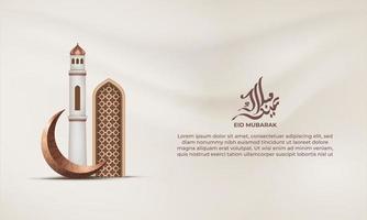 eid mubarak met een halve maan maan moskee en lantaarn Aan een licht achtergrond. vector
