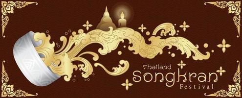 poster van Thailand songkran festival in traditioneel gouden Thais patroon stijl met de naam van evenement Aan bruin achtergrond. vector