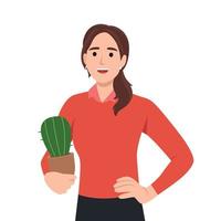 jong vrouw Holding een cactus in haar handen. vriendelijk kaart, poster of afdrukken. vector