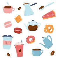 koffie set. hand- getrokken pictogrammen van koffie makers, kopjes, snoepgoed, bakkerij in tekenfilm vlak stijl vector