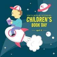Internationale kinderen boek dag groet met een jongen vliegend Aan een raket vector