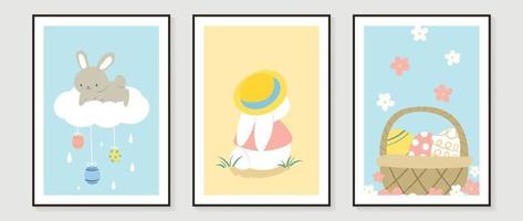 schattig grappig Pasen muur kunst vector set. verzameling met aanbiddelijk hand- getrokken konijn, Pasen eieren, bloemen. ontwerp illustratie voor kinderkamer muur kunst in tekening stijl, baby, kinderen poster, kaart, uitnodiging.