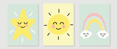 schattig grappig Pasen muur kunst vector set. verzameling met aanbiddelijk hand- getrokken tekenfilm ster, zon, regenboog. ontwerp illustratie voor kinderkamer muur kunst in tekening stijl, baby, kinderen poster, kaart, uitnodiging.