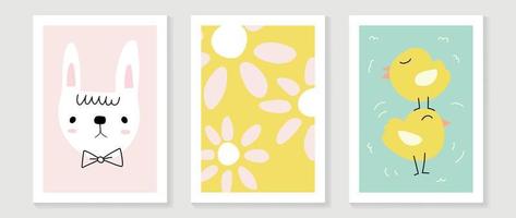 schattig grappig Pasen muur kunst vector set. verzameling van aanbiddelijk hand- getrokken konijn, bloemen, weinig kuiken. ontwerp illustratie voor kinderkamer muur kunst in tekening stijl, baby, kinderen poster, kaart, uitnodiging.