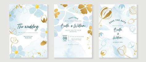 luxe bruiloft uitnodiging kaart achtergrond vector. gouden bloemen in blauw thema waterverf en goud schitteren inkt geklater textuur. ontwerp illustratie voor bruiloft en vip Hoes sjabloon, spandoek. vector