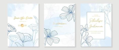 luxe bruiloft uitnodiging kaart achtergrond vector. blauw kleur thema botanisch bloemen lijn kunst met waterverf structuur achtergrond. ontwerp illustratie voor bruiloft en vip Hoes sjabloon, spandoek. vector