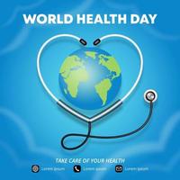 plein wereld Gezondheid dag achtergrond met de aarde en een liefde vorm stethoscoop vector
