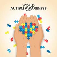 plein wereld autisme bewustzijn dag achtergrond met handen Holding een liefde vorm puzzel vector