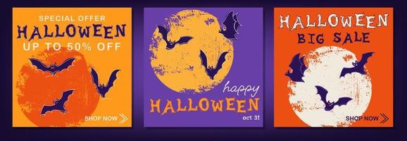 gelukkig halloween uitverkoop banners verzameling. halloween vakantie uitverkoop Sjablonen reeks met belettering en vleermuizen vector