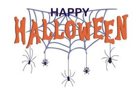 gelukkig halloween tekst met spinnen en spin webben vector