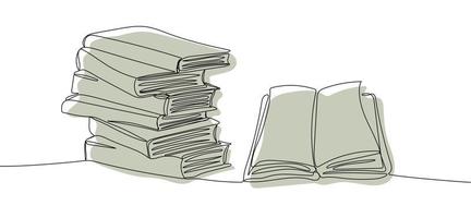 doorlopend een lijn tekening van stack van boeken met Open boek vector