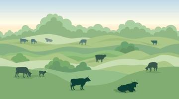 landelijk melkveebedrijflandschap met koeien over naadloze panoramische plattelandshorizon. heuvels, weiden, bomen en velden skyline. zomer aard achtergrond. weidegras voor koeien. vector