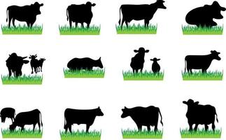 vector koe silhouet en groen gras. reeks van dieren.boerderij pictogrammen illustratie vlak stijl geïsoleerd