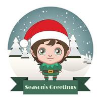 schattige kerst elf jongen met feestelijke banner vector